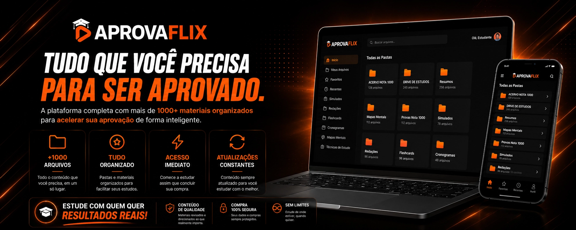 AprovaFlix - Tudo que você precisa para ser aprovado. A plataforma completa com mais de 4700+ materiais organizados para acelerar sua aprovação de forma inteligente.