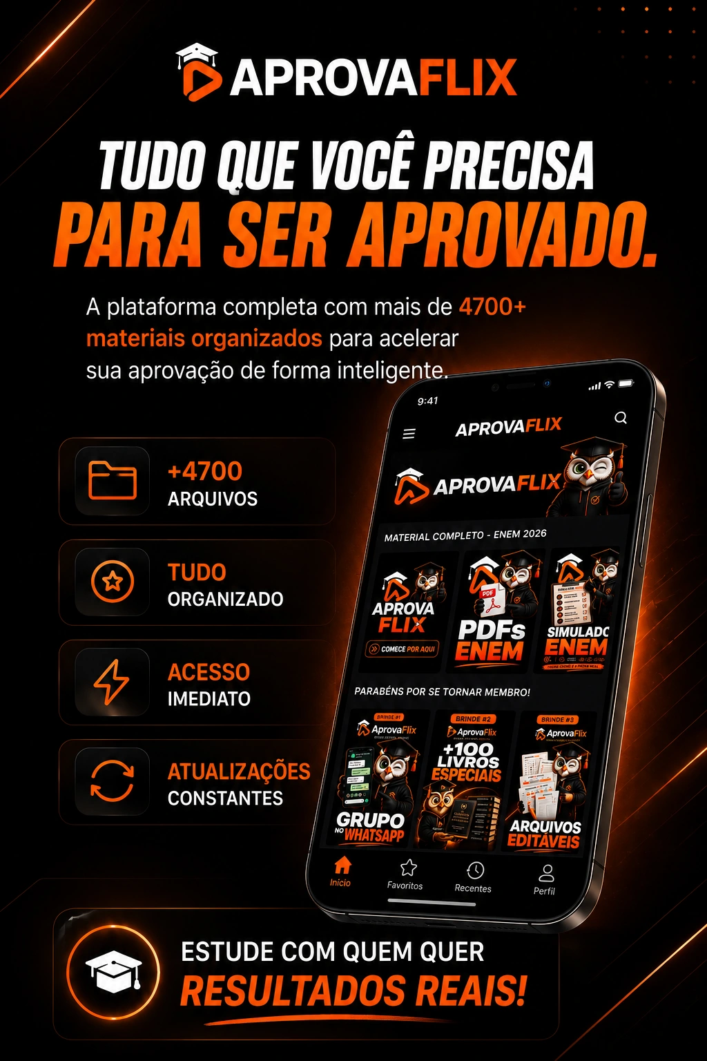 AprovaFlix - Tudo que você precisa para ser aprovado. A plataforma completa com mais de 4700+ materiais organizados para acelerar sua aprovação de forma inteligente.