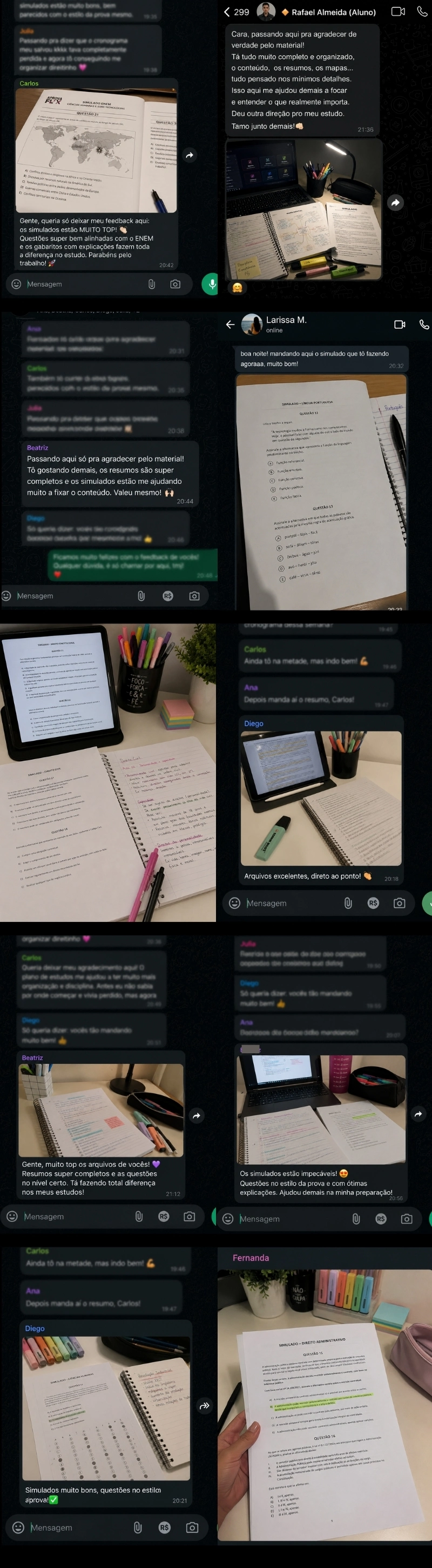 Depoimentos reais de alunos no WhatsApp elogiando os simulados, resumos e materiais do AprovaFlix